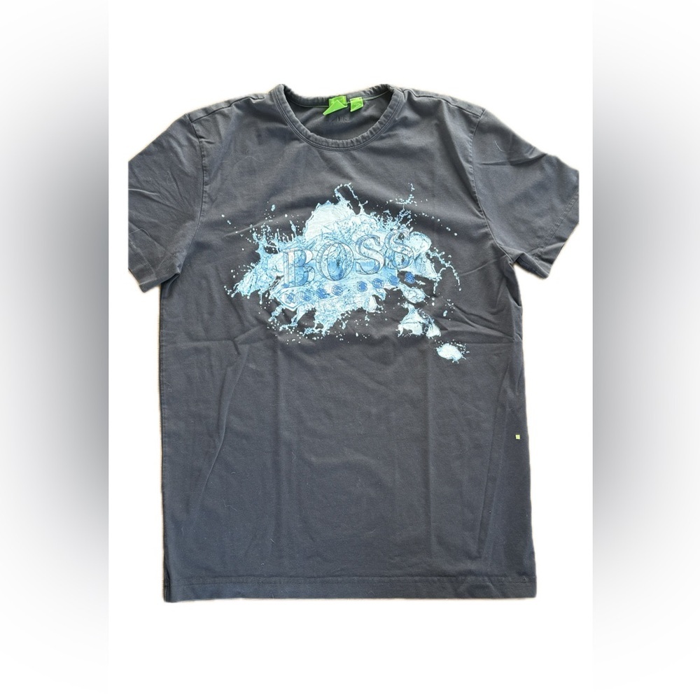 BOSS Men's Dark Gray Tee with Blue Graphic